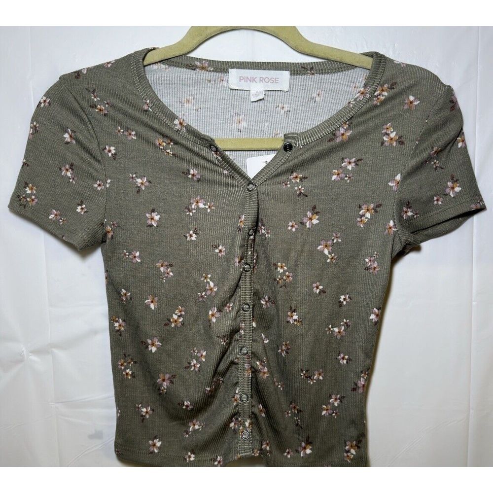 Pink Rose Floral Crop Top, Olive, Green Pink Flowers, Size Small New